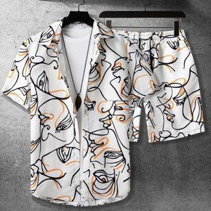 Street Style White Men's Figure Graphic Shirt & Short Set